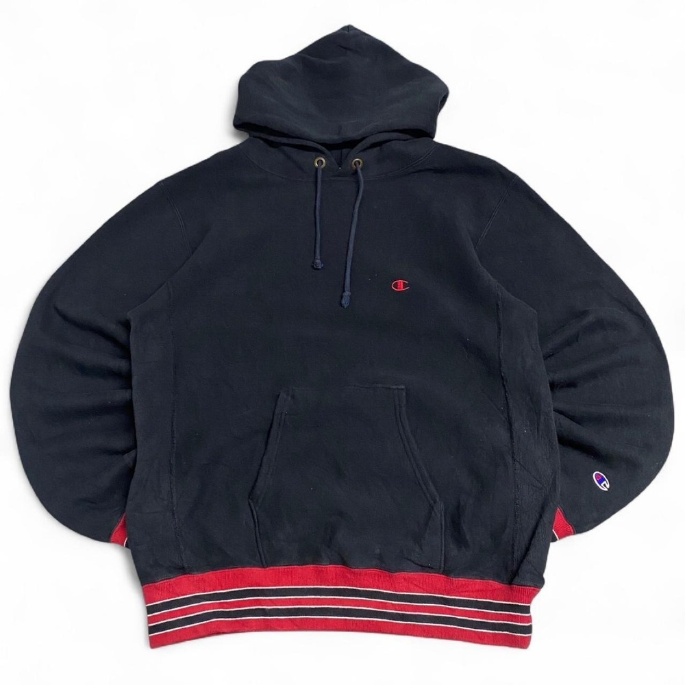 Vintage Champion reverse weave black hoodie Red stripe details